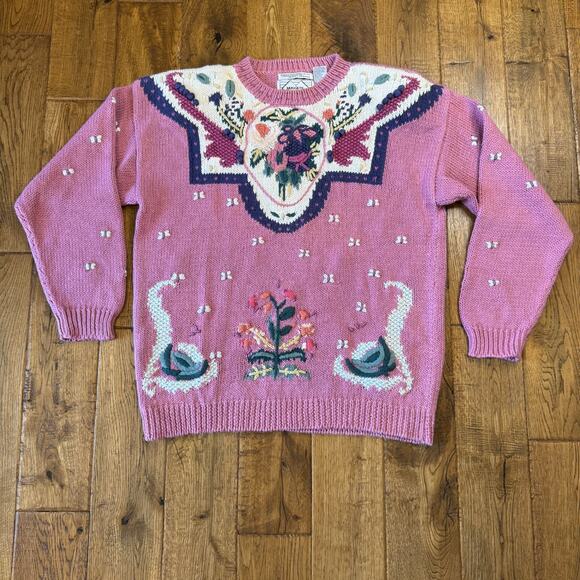 Nuggets Sweaters - VTG Nuggets Hand Knit Sweater Floral Butterfly Crewneck Grandma Cottagecore Sz L